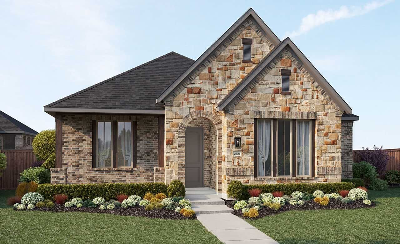 Single-story luxury home, stone facade, gabled roof, lush landscaping, in Solterra, Texas. Cozy suburban setting.