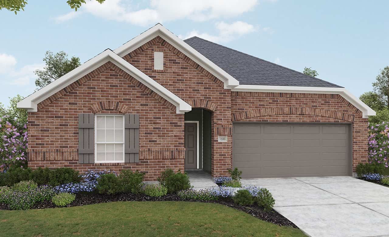 Elegant brick home with gabled roof, manicured garden, and spacious garage at Avalon at Hunters Glen, serene suburb.