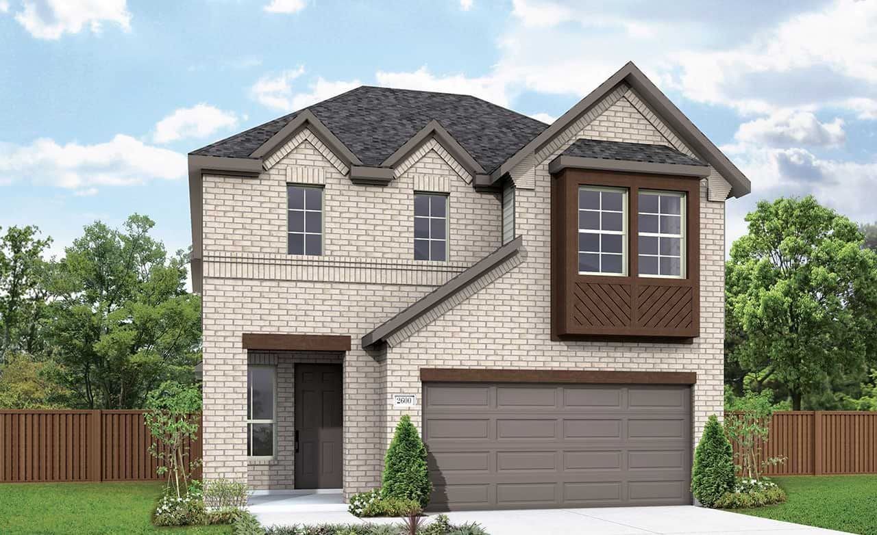 Modern two-story brick home with gabled roof and large windows, set in Mostyn Springs. Manicured front lawn.