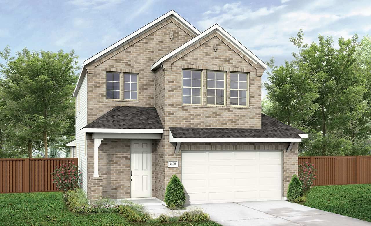 Brick two-story house with gable roof and garage in Pinehurst, surrounded by trees and lawn.