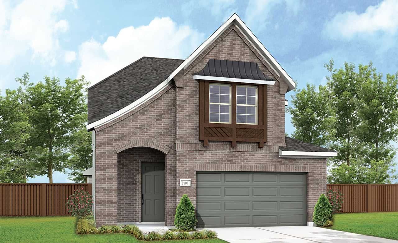 Two-story brick house with arched entry, gabled roof, wooden accents, and two-car garage in Meridian at Heritage Park.