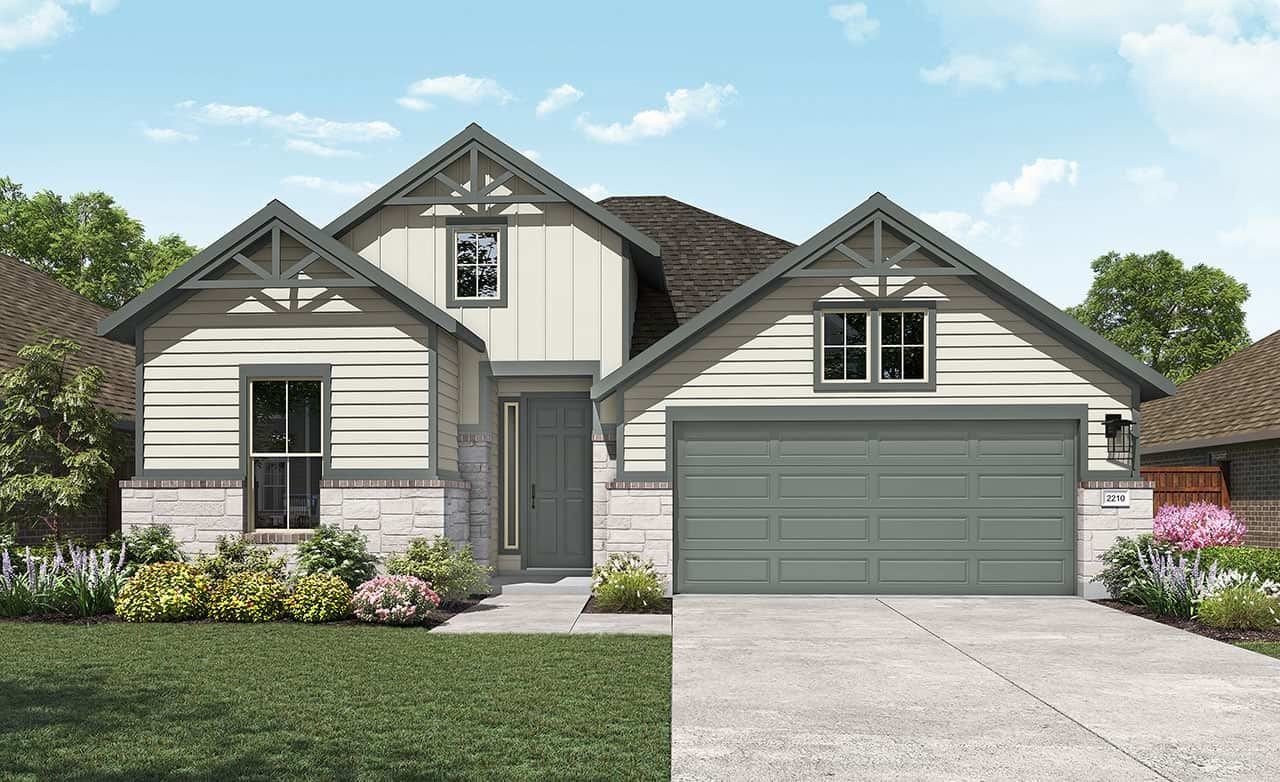 Modern single-family home design featuring gable roofs and stonework architecture.