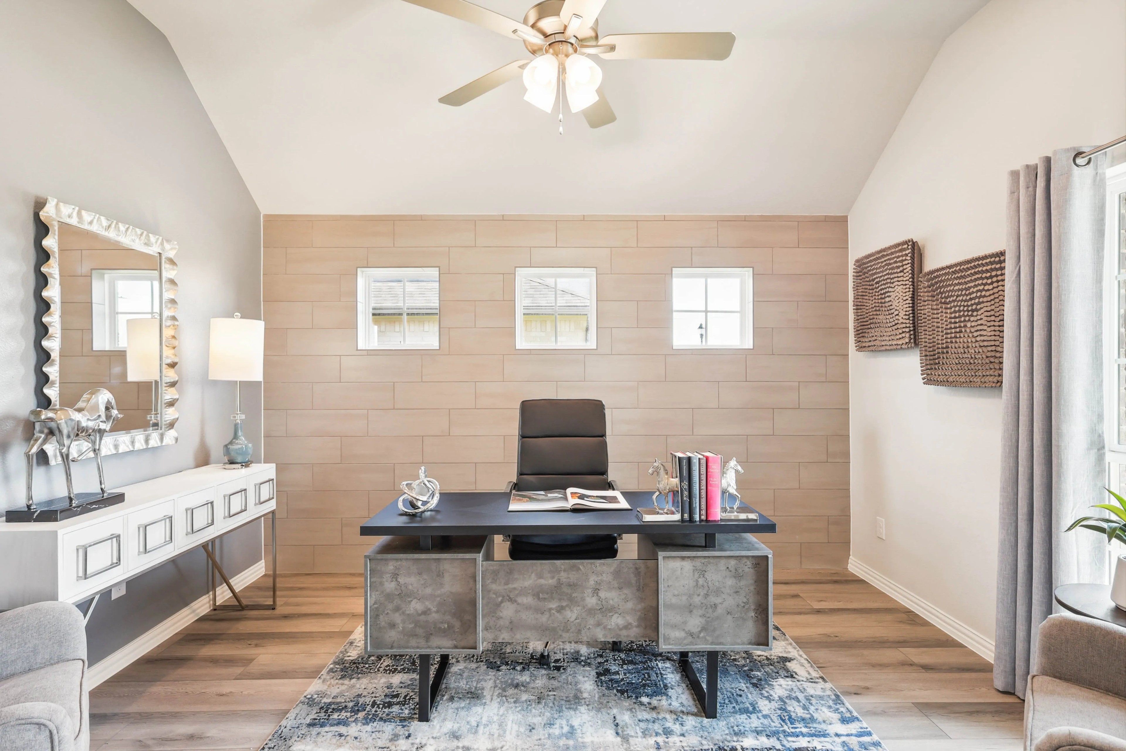 Contemporary Home Office with Beige Accent Wall in Pebblebrook Luxurious home office with beige accent wall, modern desk, and natural light in Pebblebrook community.