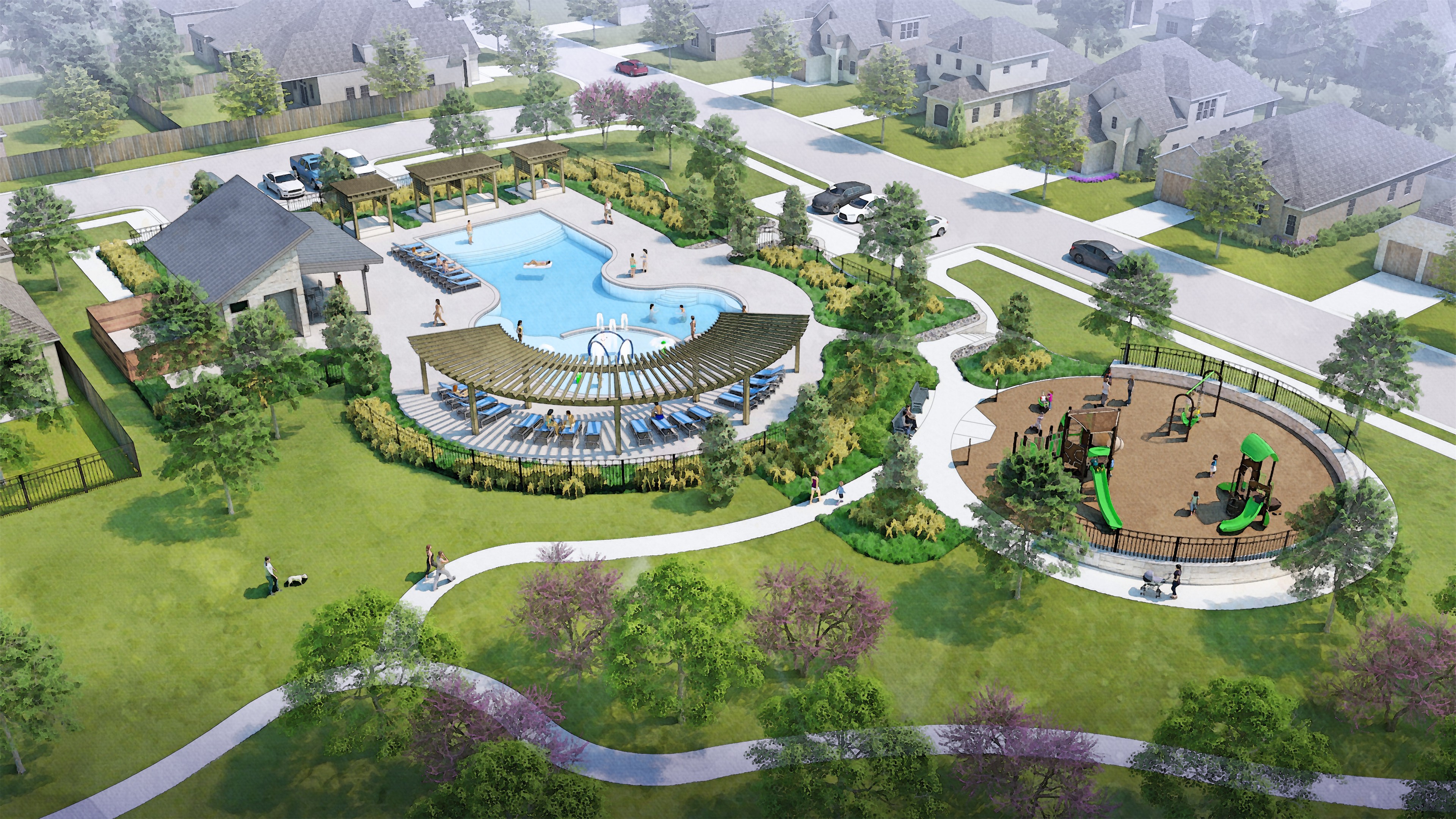 Simpson Crossing Community Center Aerial View with Pool and Playground Aerial view of Simpson Crossing community center with pool, pergolas, playground, and landscaped gardens in residential area.